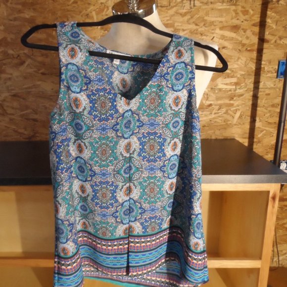 DR2 Boho Sleeveless Turquoise/Blue/Orange Medallion Print Inverted Pleat Size S - Picture 2 of 5